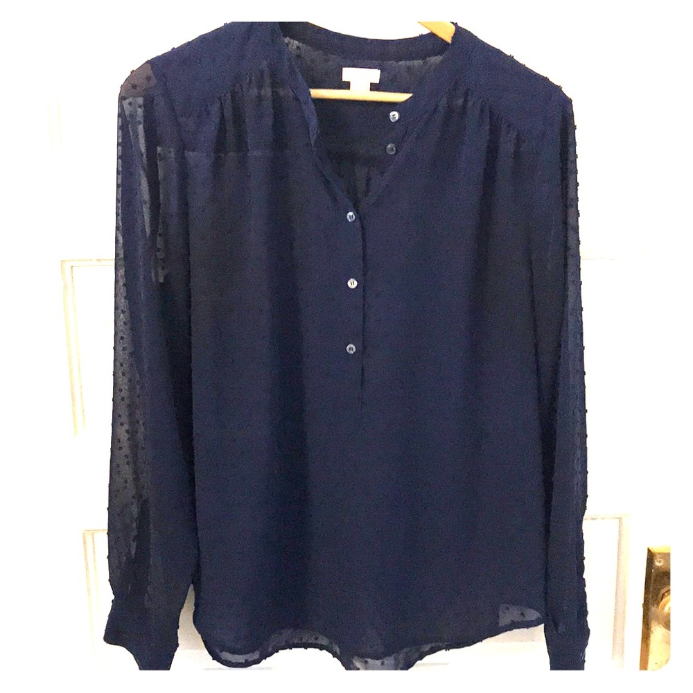 J.Crew Factory Navy Long Sleeve Swiss Dot Blouse
